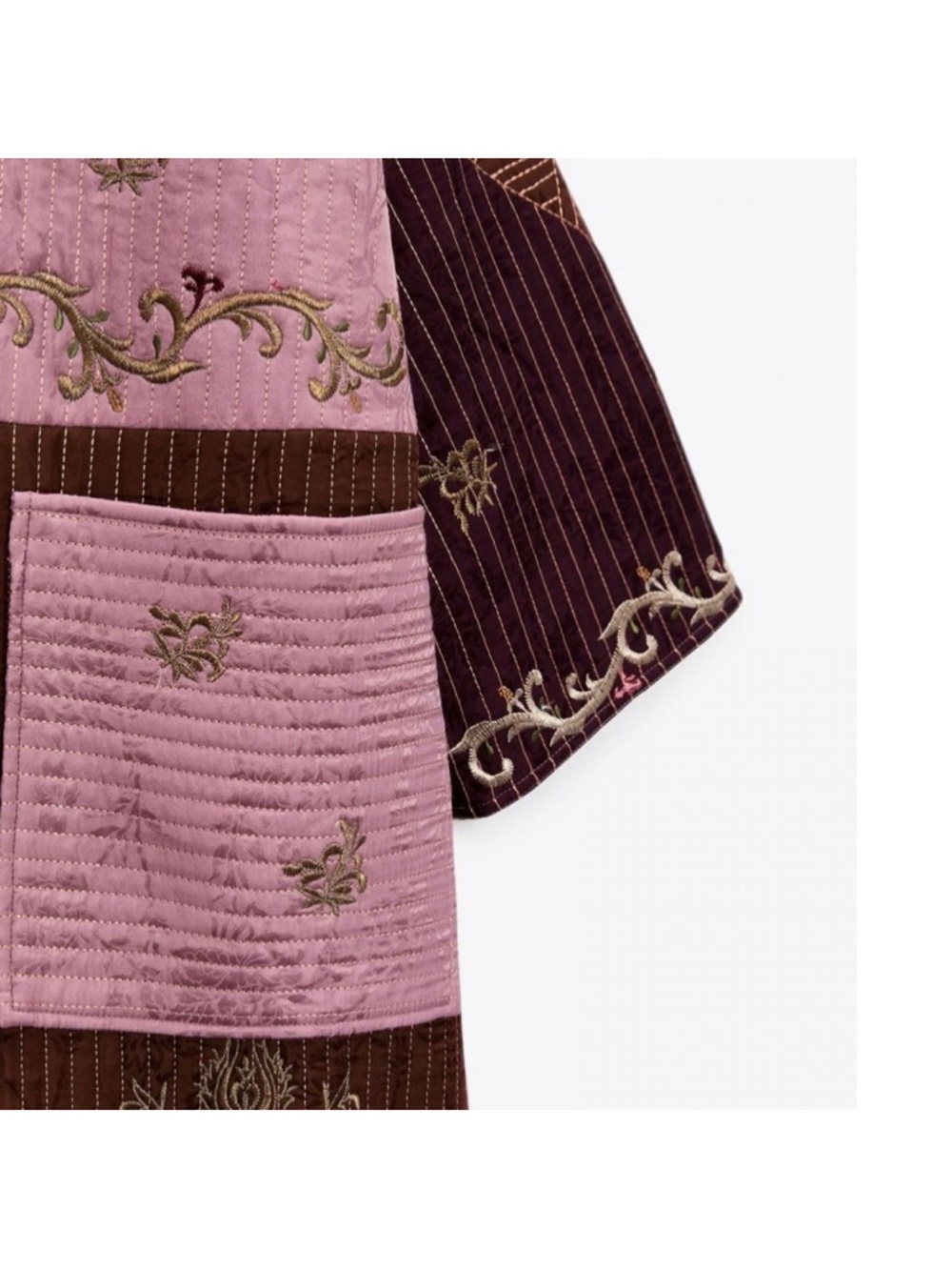 ZARA Pink & Brown Embroidered Patchwork Long Robe - Picture 4 of 6